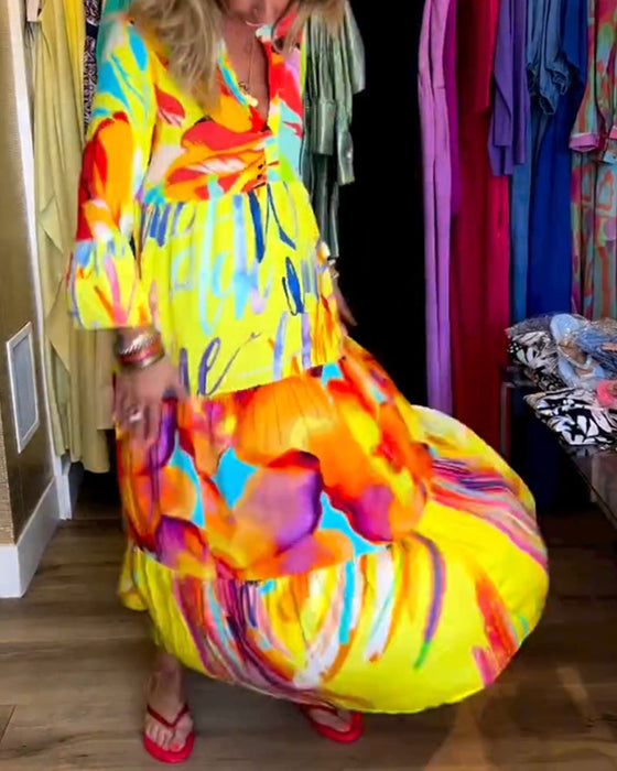 Flared Sleeve Printed Dress