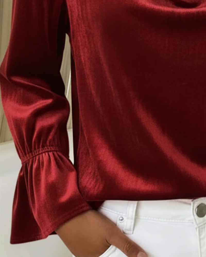 Solid Color Fashionable Trumpet Sleeve Top