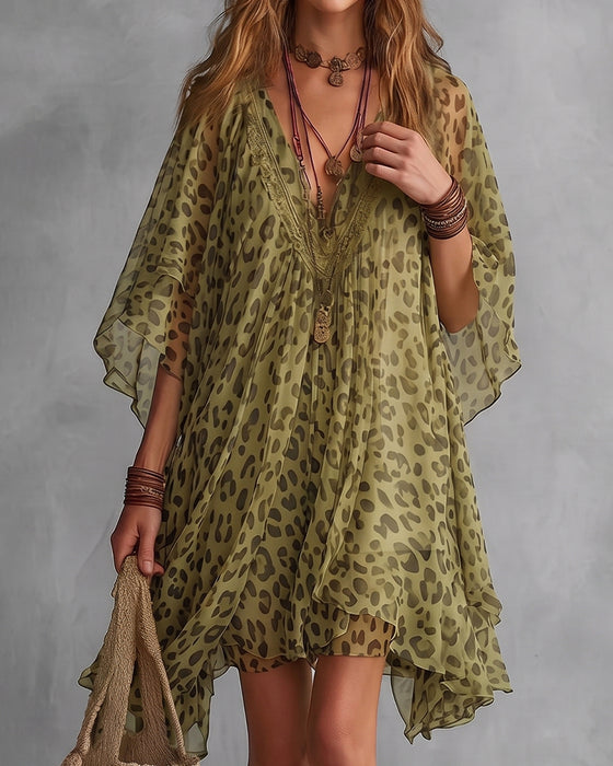 Irregular V-Neck Leopard Dress