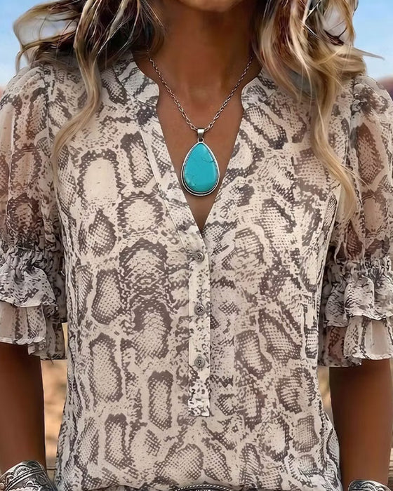 Snakeskin Pattern V-Neck Puff Sleeve Blouse