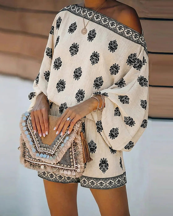 Women's 2 Pieces Outfit Boho Top and Shorts Set