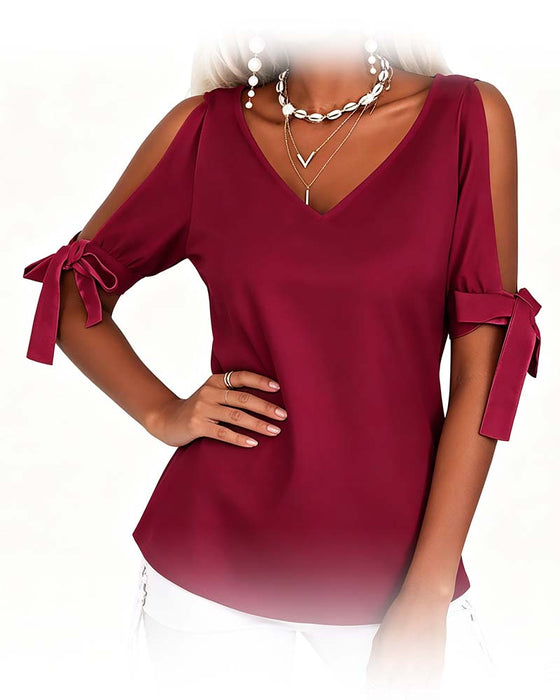 V-Neck Cold Shoulder Bowknot Solid Color Blouse
