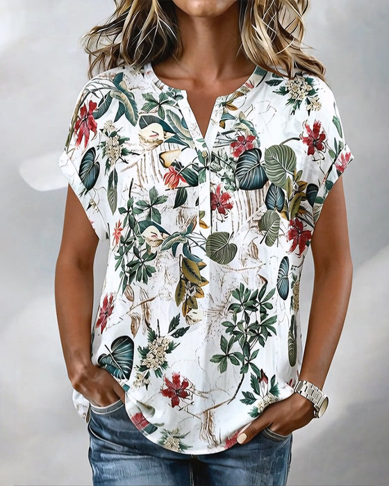 V-Neck Botanical Print Casual Blouse