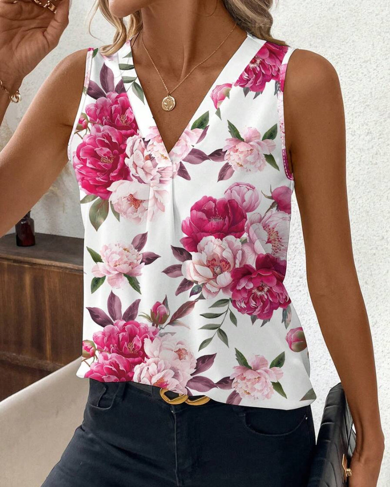 Rose Printed V-Neck Sleeveless Blouse
