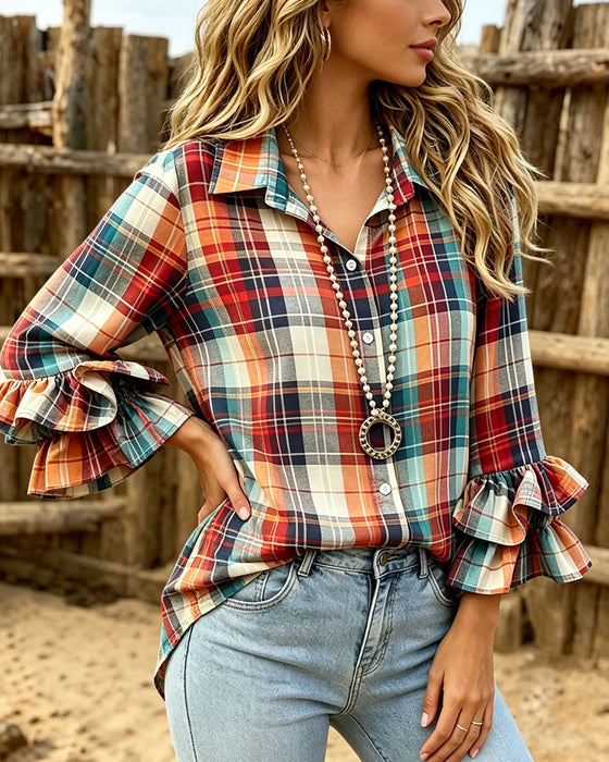 Lapel Button Plaid Ruffle Shirt