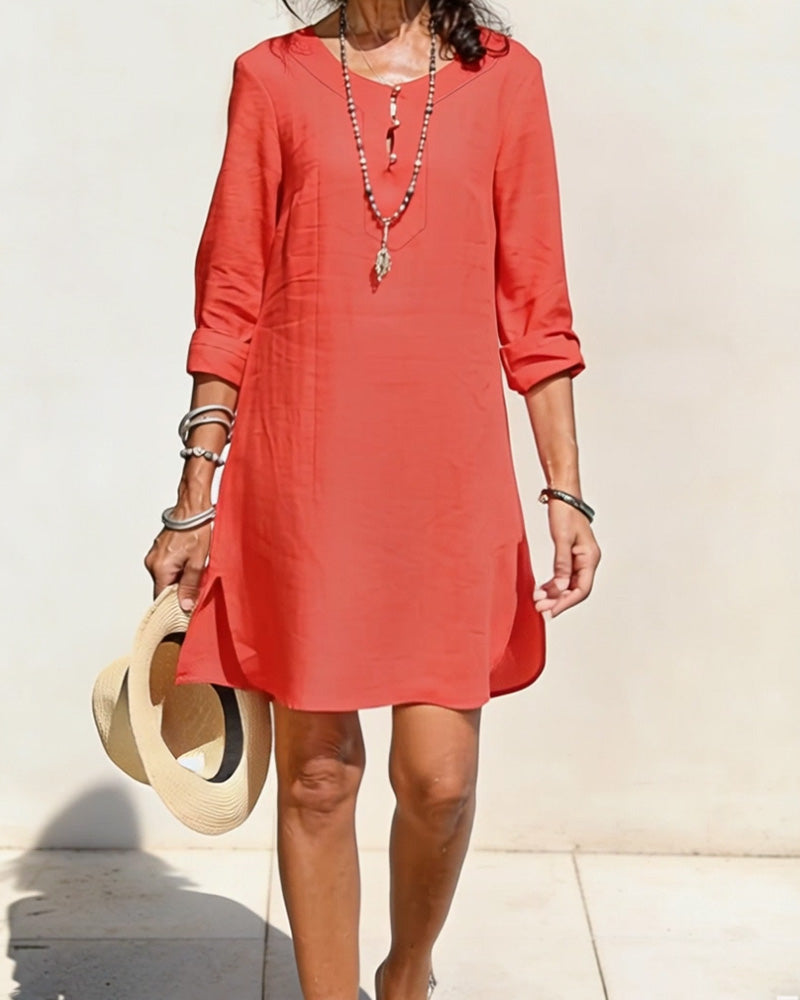 Half Placket Side Slit Cotton And Linen Dress