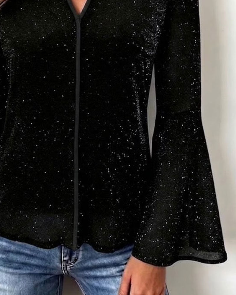 V-Neck Bell Sleeve Slim Fit Top
