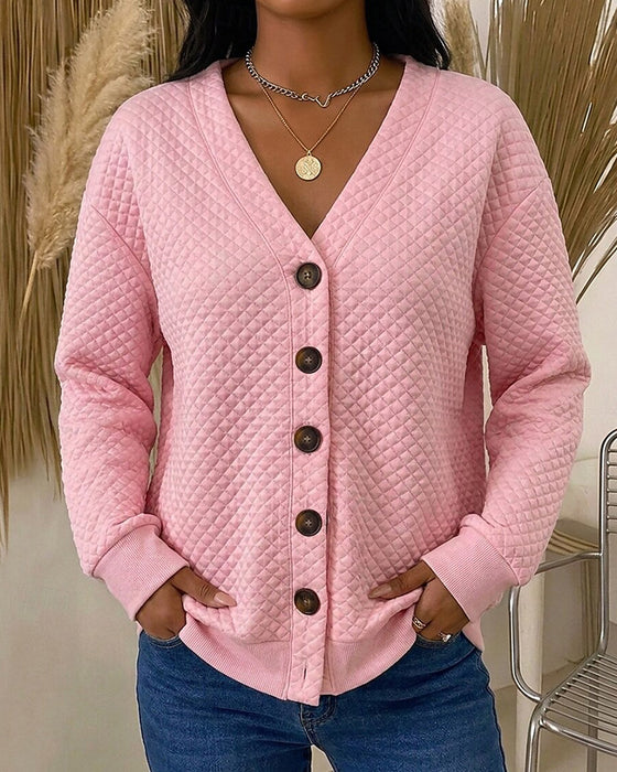 Solid Color Plaid Long-Sleeve Coat