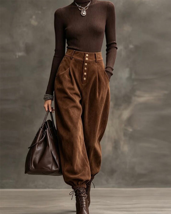 High Waist Multi-Button Cuffed Harem Pants