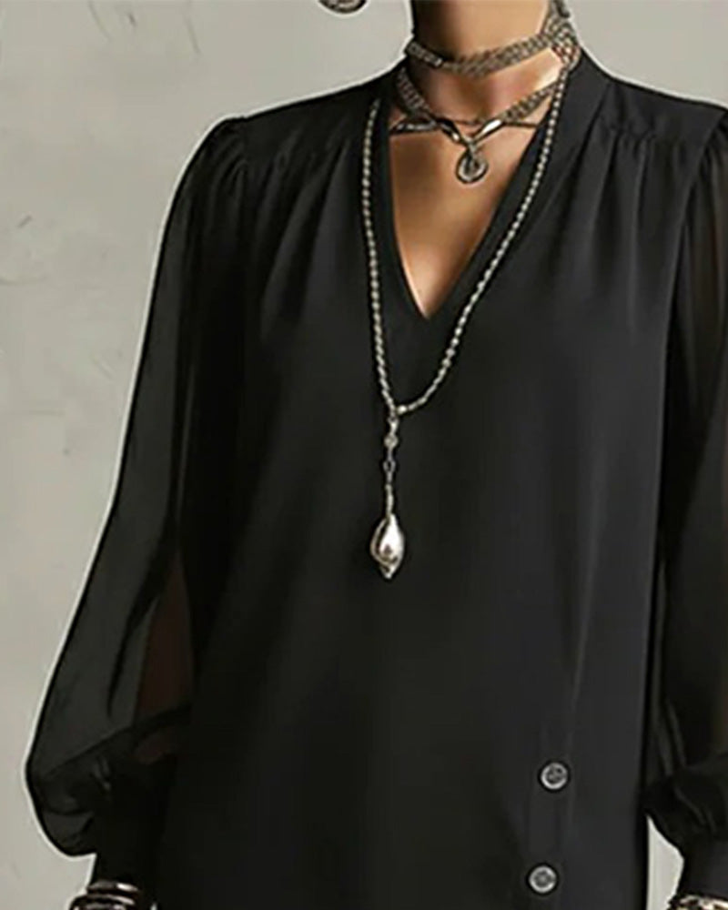 Lantern Sleeve Mesh Fashion Split Dress