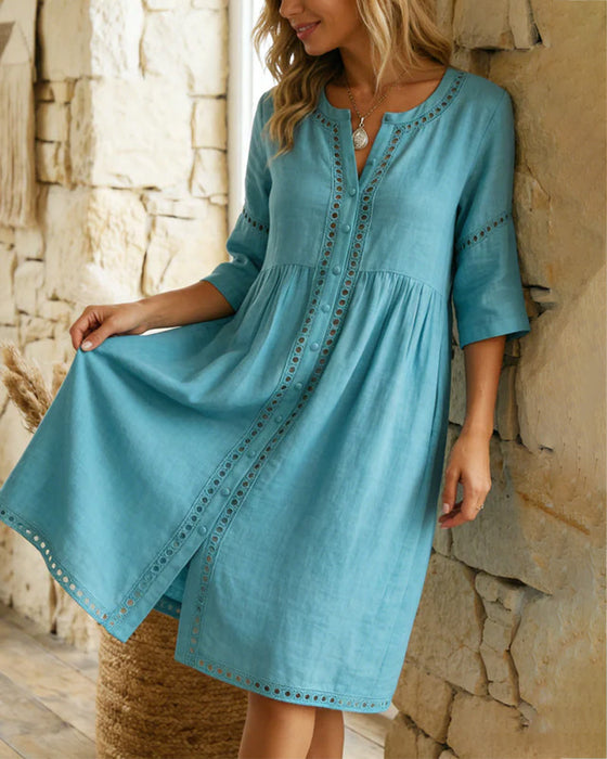 100% Cotton Hollow Out V-Neck Button-Front Dress