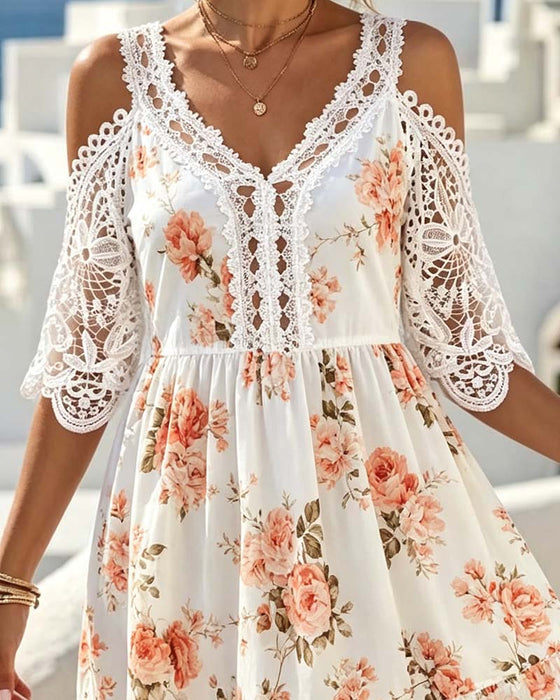 V-Neck Lace Patchwork Floral Cold Shoulder Dress