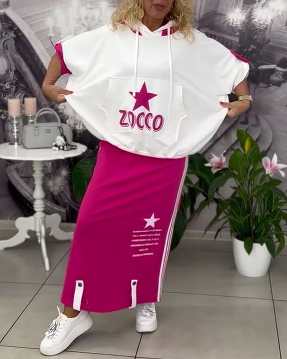 Hooded Drawstring Printed Skirt Set