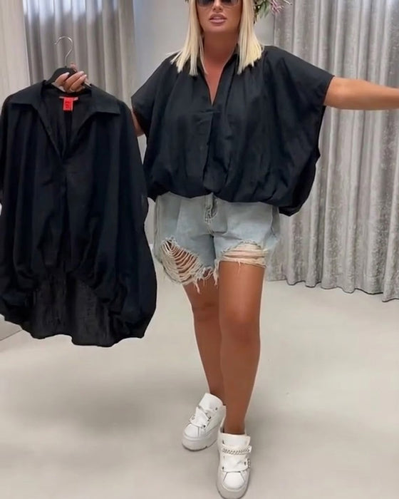 Lapel Loose Fit Batwing Sleeve Blouse