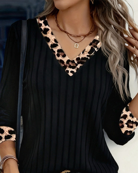 Long Sleeve V-Neck Leopard Patchwork Top