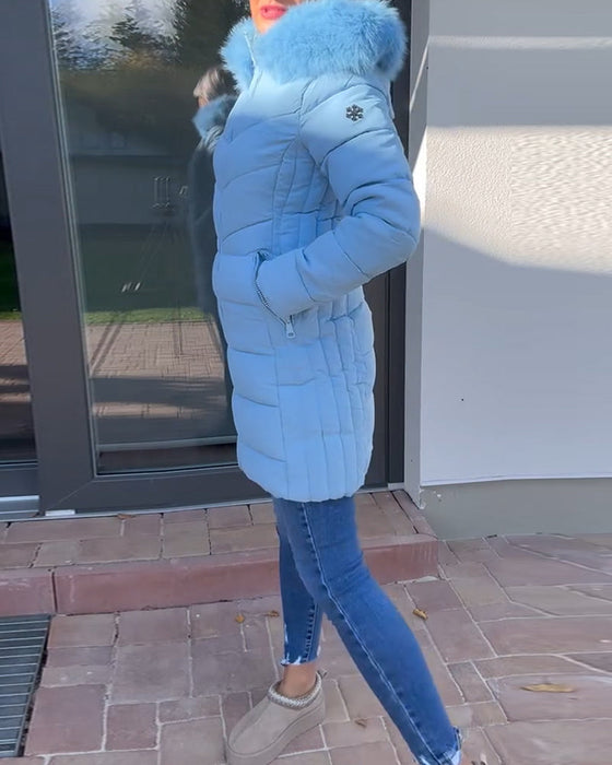 Casual solid color zipper pocket hooded padded jacket