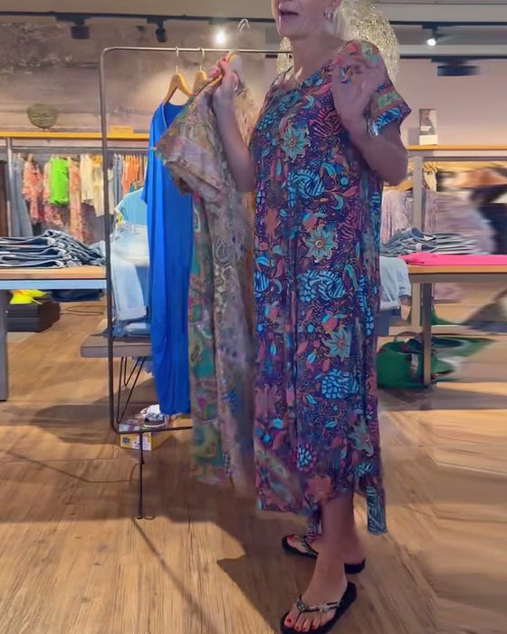 Printed short sleeve round neck long dress