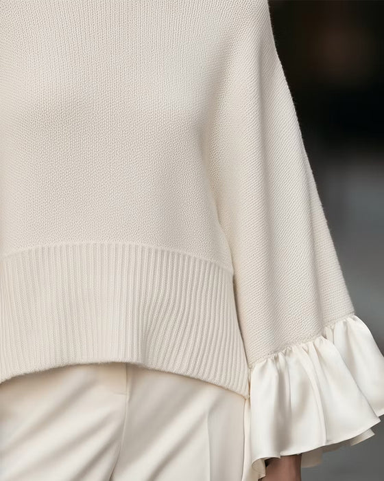 Turtleneck Patchwork Ruffled Sleeve Pullover