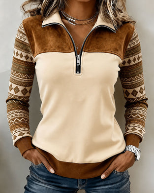 Half Zip Color Block Vintage Patchwork Sweatshirt