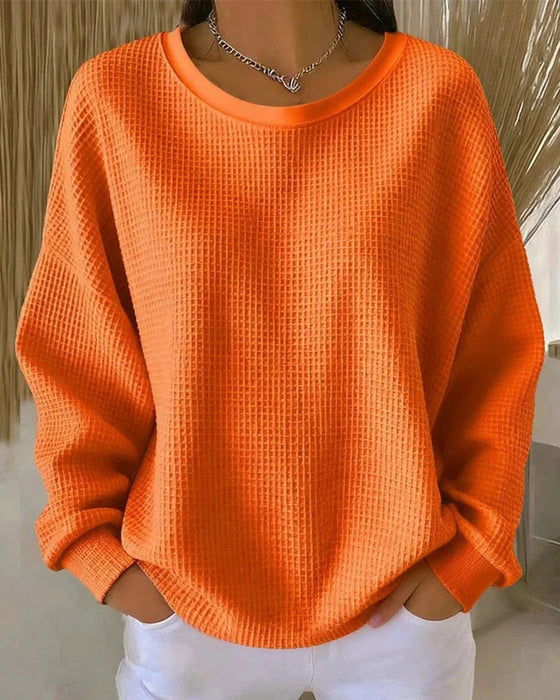 Solid Color Waffle Texture Pullover Sweatshirt