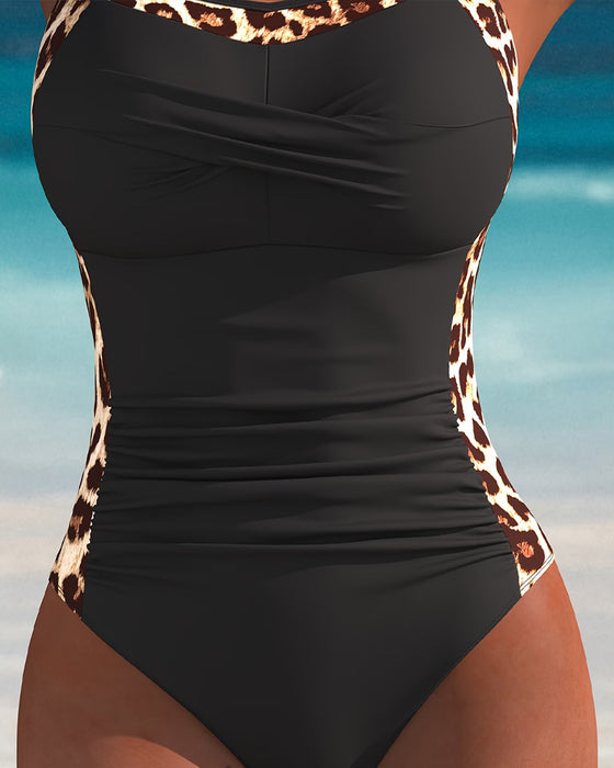 Halter Leopard Print Patchwork One-Piece