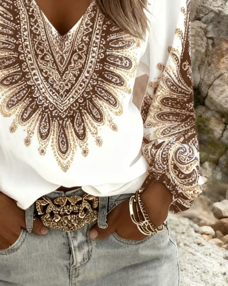 V-Neck Retro Print Top