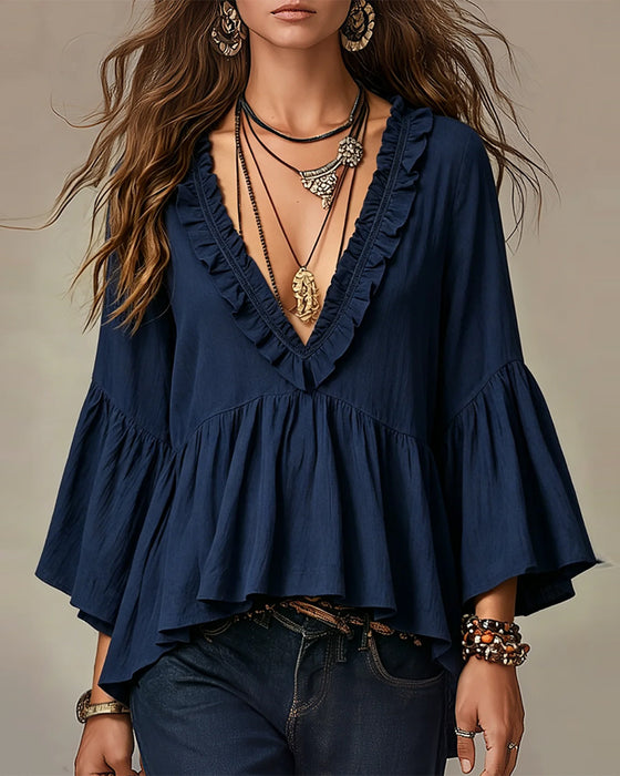 V-Neck Scallop Ruffle Trim Blouse