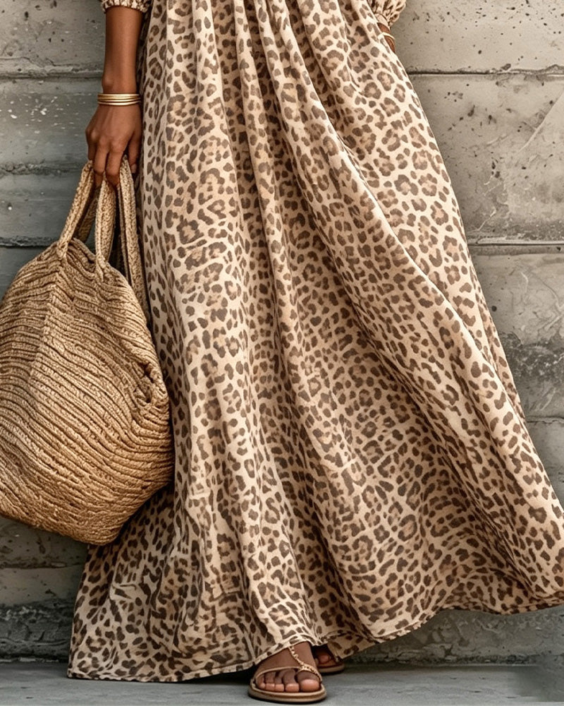 Leopard Print V-Neck Puff Sleeve Dress