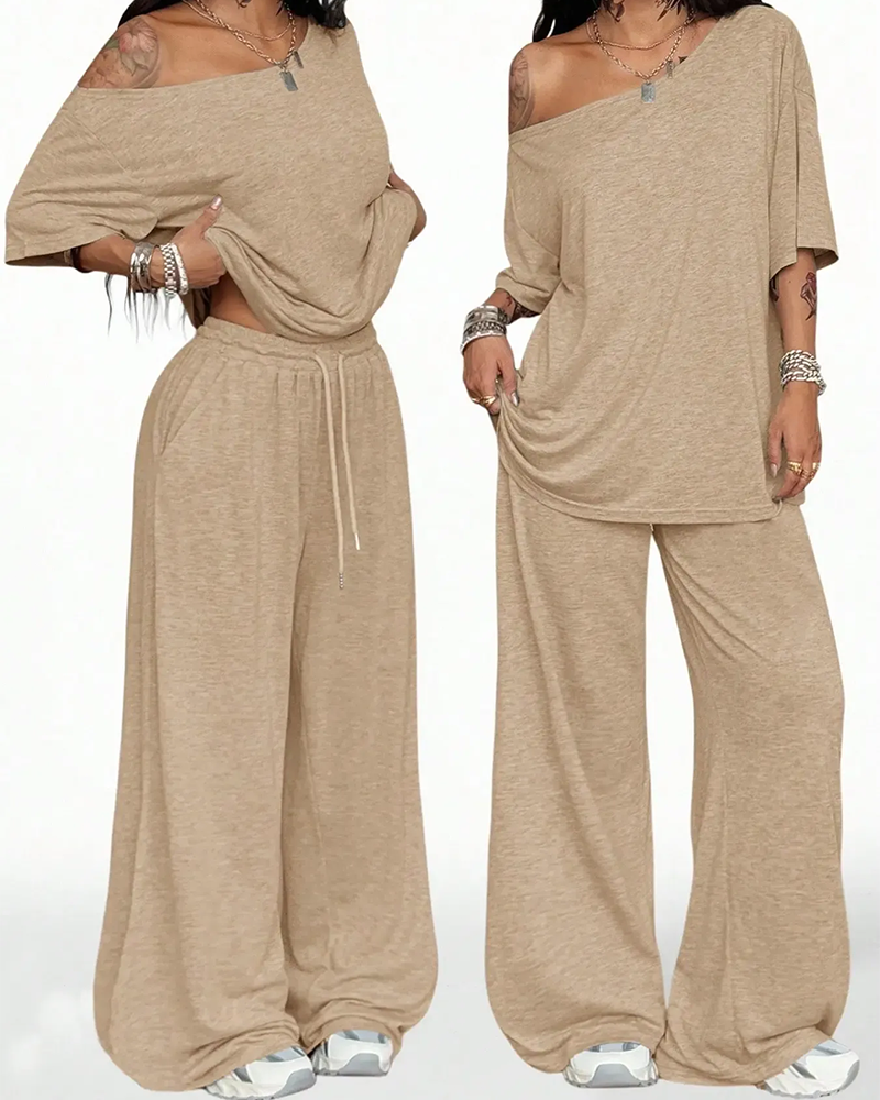 Oblique Neck Drawstring Waist Wide Leg Pants Set
