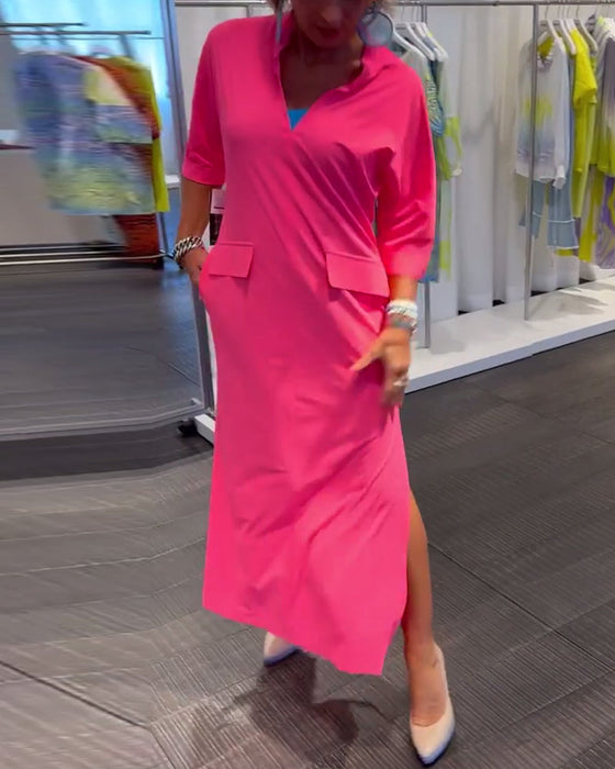 Slit V-neck solid color dress