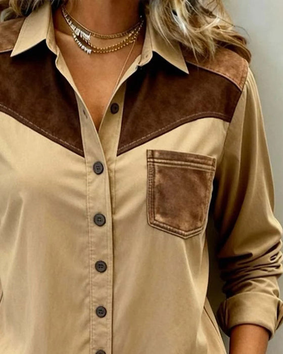 Splicing Lapel Long Sleeve Shirt