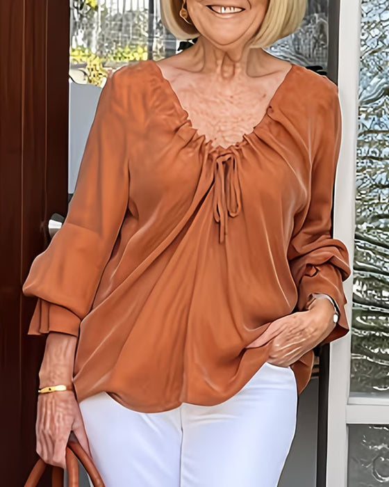 V-Neck Shirred Tie Casual Blouse