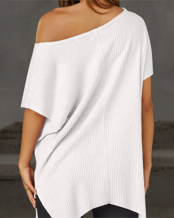 Irregular Off-Shoulder Short Sleeve Ribbed T-Shirt