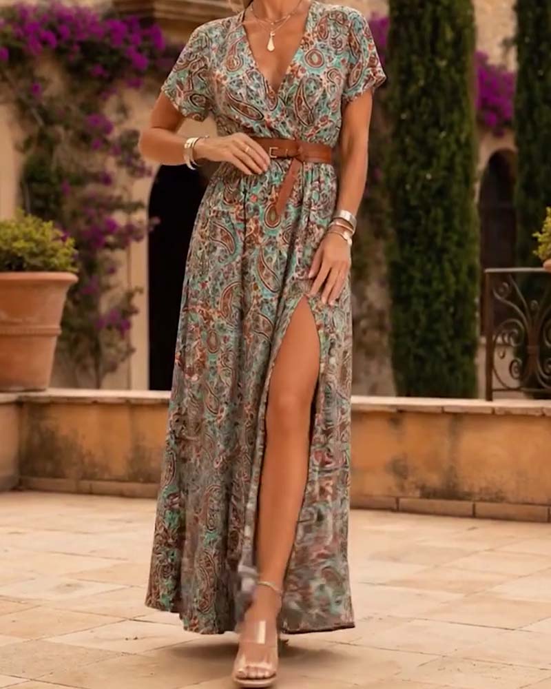 V-Neck Vintage Paisley Slit Long Dress
