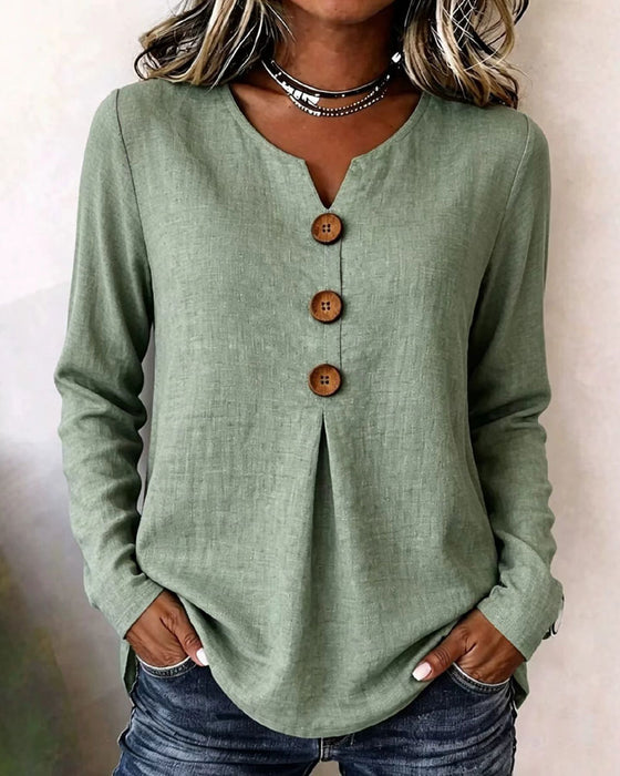 Solid Color V-Neck Buttoned Smocked Top