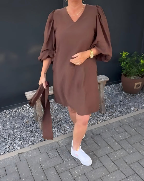 V-Neck Puff Sleeve Shift Dress