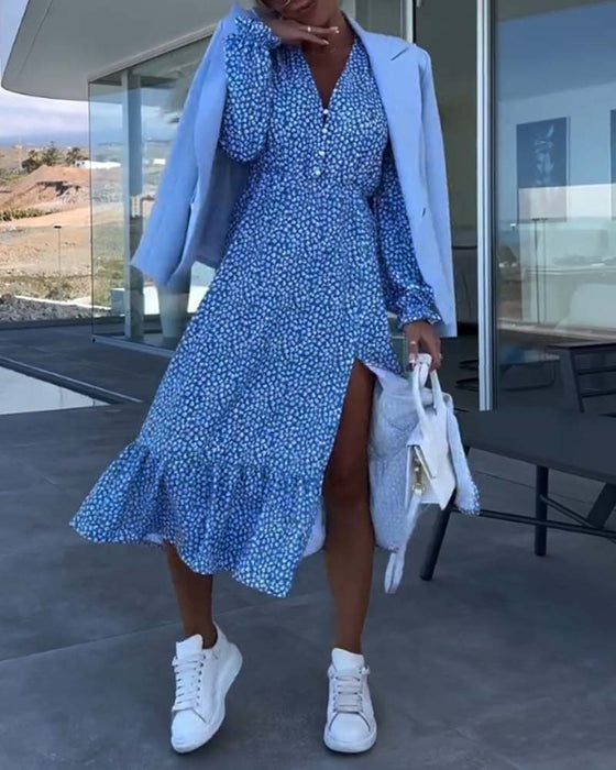 V-neck floral patchwork dressa