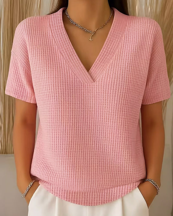 V Neck Solid Color Versatile Short Sleeve T Shirt