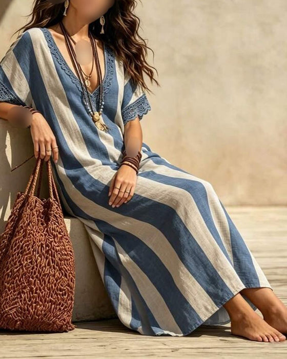 V-Neck Striped Casual Dress