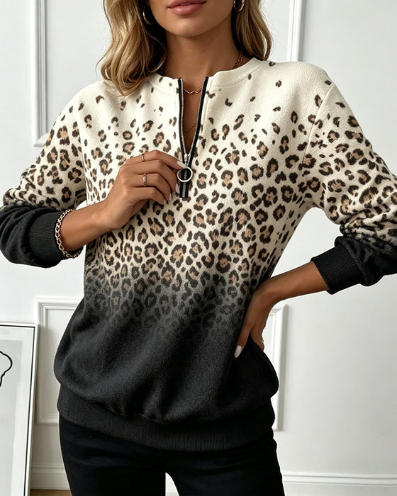 Zipper Gradient Leopard Print Sweatshirt