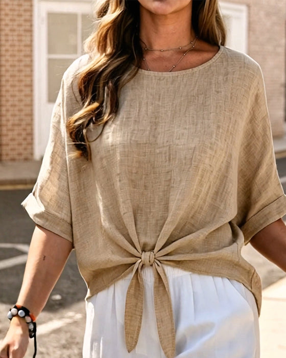Crew Neck Tie Short Sleeve Blouse