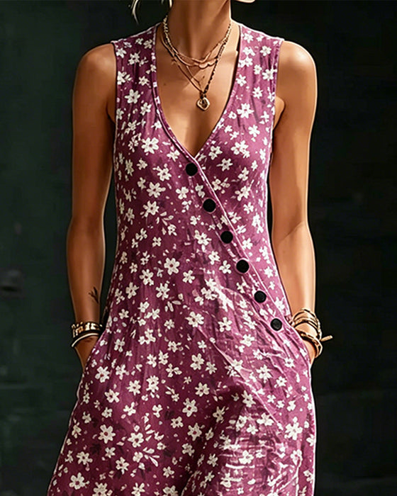 Small Floral Asymmetric Button Sleeveless Dress