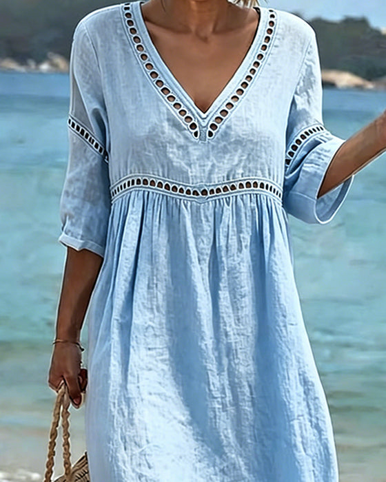 Solid Color Hollow-Out Casual Dress