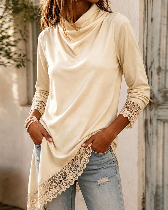 Mock Neck Lace Patchwork Irregular Top
