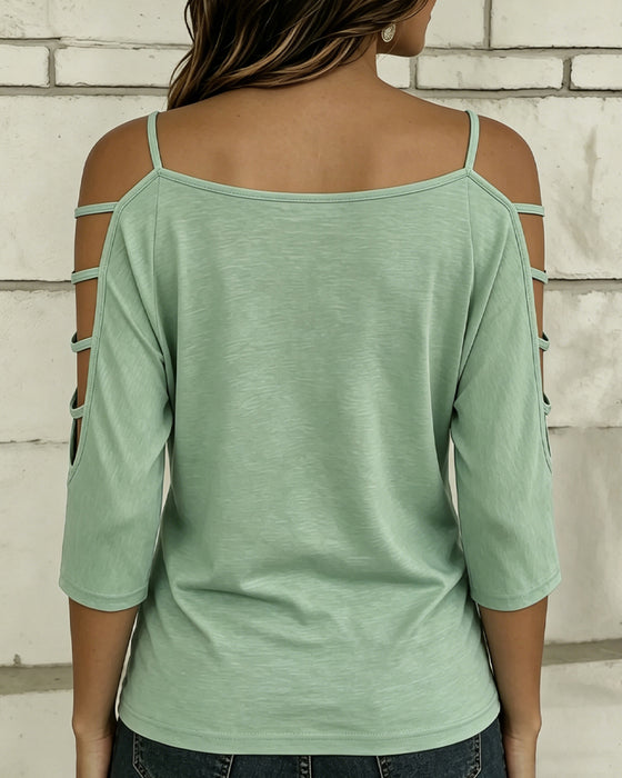 Solid Color Elbow-Length Sleeve Off-Shoulder T-Shirt