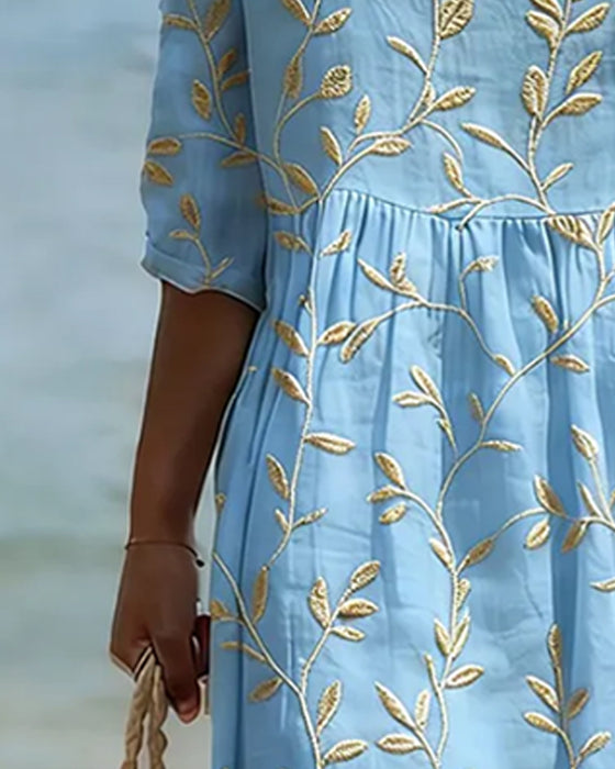 Crew Neck Embroidered Solid Casual Dress