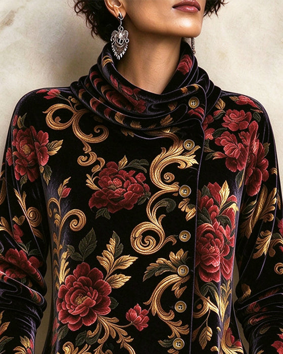 Vintage Floral Turtleneck Bias-Breasted Top
