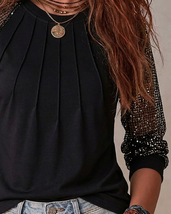 Round Neck Pleated Plaid Blouse