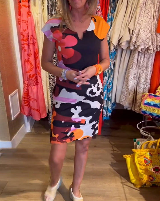 Colorful short-sleeved mid-length dress