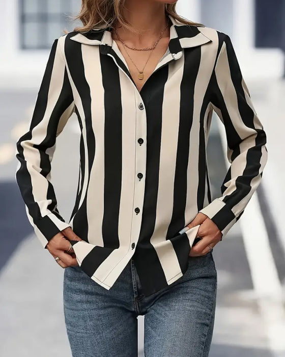 Vertical Striped Lapel Button-Down Shirt